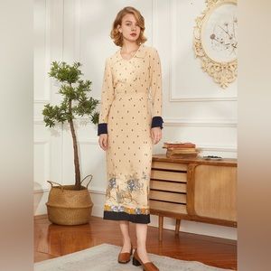 Simple Retro cream and navy 1940’s style silk midi dress